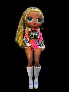 Fashion Doll in Neon Pink & Black Checker Outfit